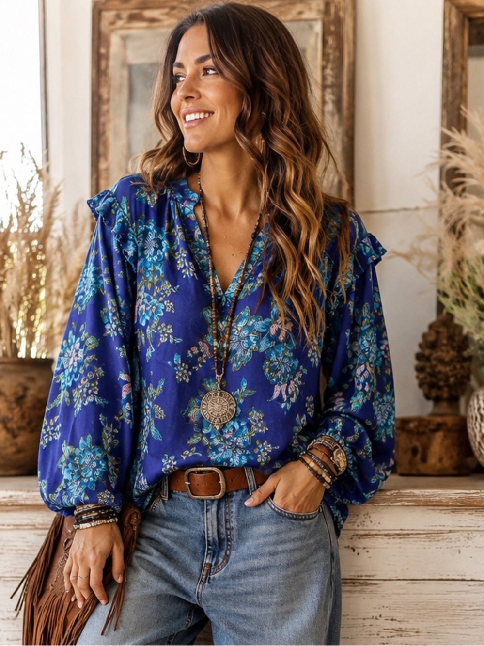 Candace Cameron Bure Blue Floral Ruffle Sleeve Boho Blouse‎ Women’s Small